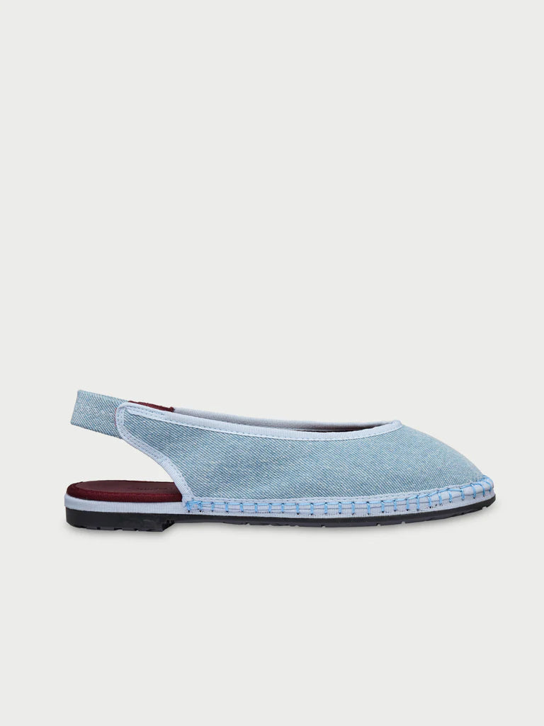 Narnia light denim blue denim slipper in light blue with garnet instep, elastic band and light blue pipping