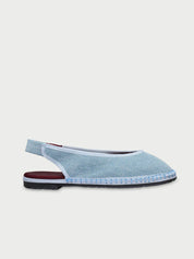Narnia light denim blue denim slipper in light blue with garnet instep, elastic band and light blue pipping