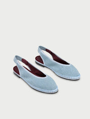 Narnia light denim blue denim slipper in light blue with garnet instep, elastic band and light blue pipping