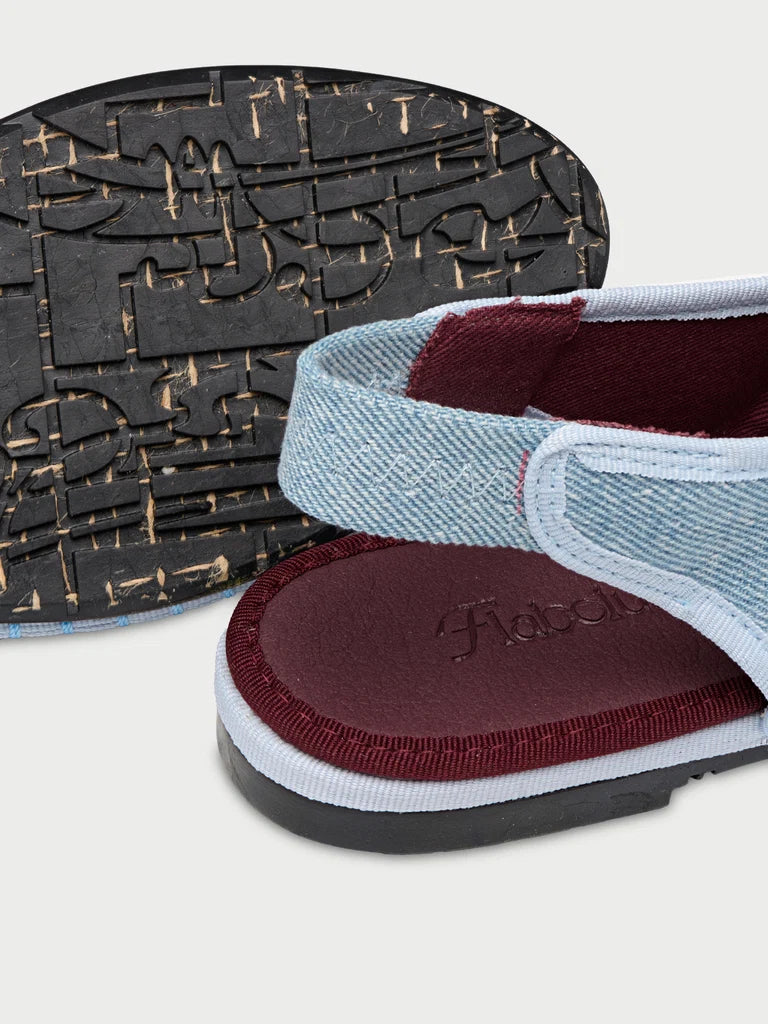 Narnia light denim blue denim slipper in light blue with garnet instep, elastic band and light blue pipping