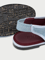 Narnia light denim blue denim slipper in light blue with garnet instep, elastic band and light blue pipping