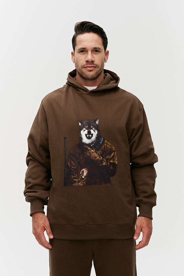 brown Cenmar hoodie with Wolf artwork print