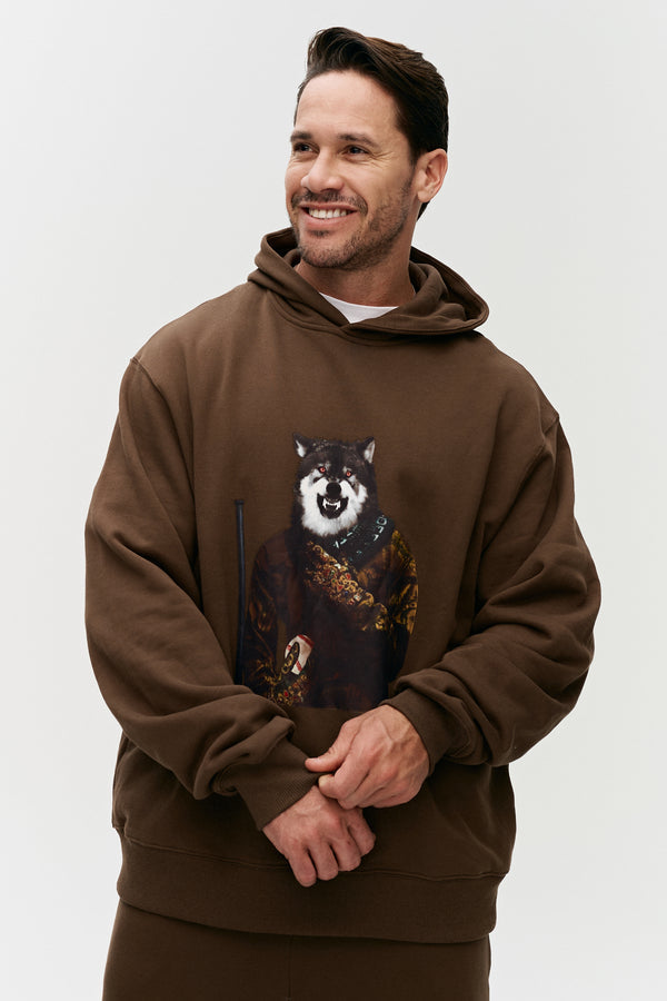 brown Cenmar hoodie with Wolf artwork print