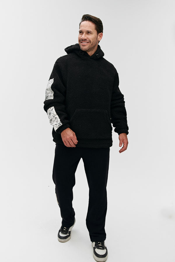 Black Graphic Hoodie With Cenmar Around The Neck