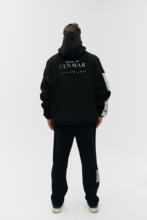 Black Graphic Hoodie With Cenmar Around The Neck