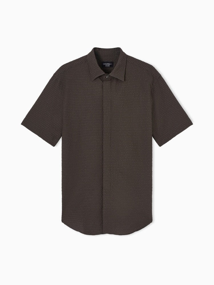 Men's short-sleeved lapel plaid textured business casual shirt