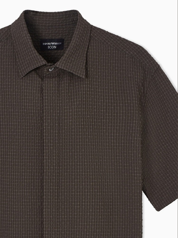 Men's short-sleeved lapel plaid textured business casual shirt
