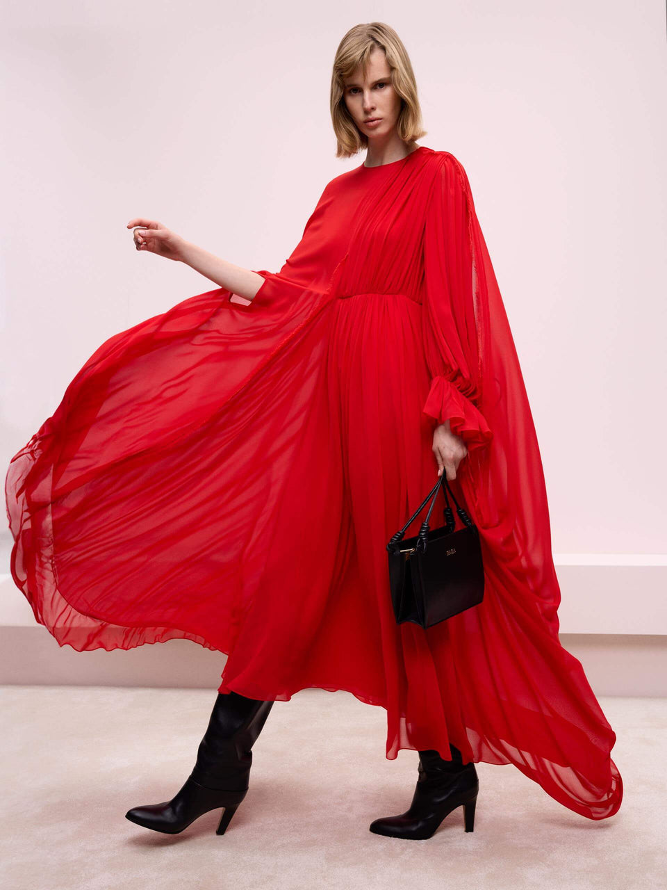 RED DRESS WITH PLEATED DETAIL