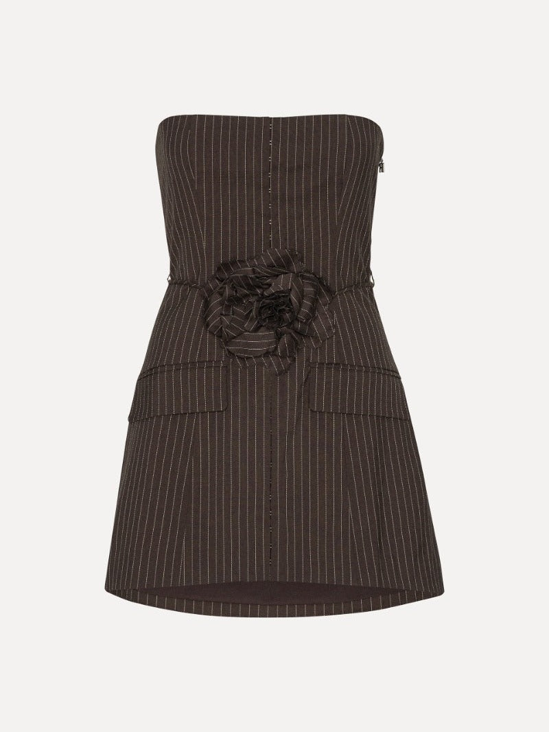 Pinstripe belted long top dark brown