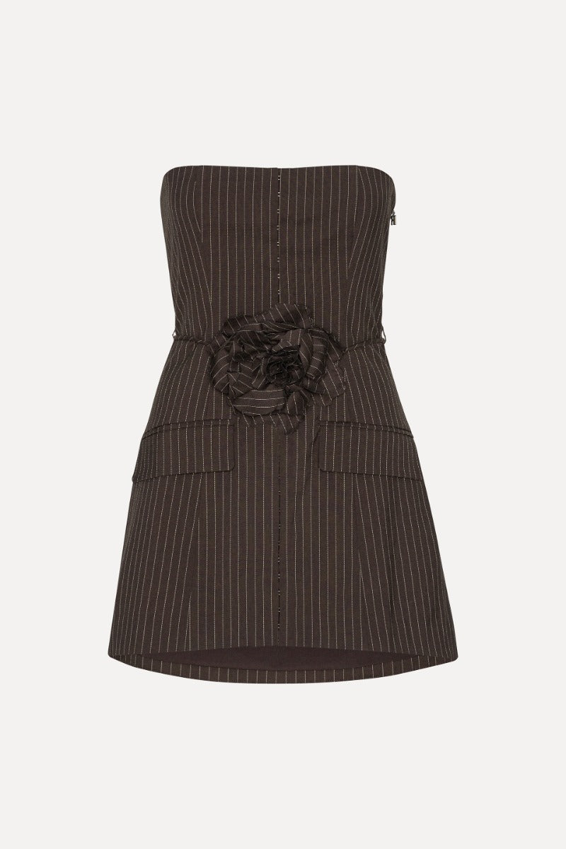 Pinstripe Belted Long Top Dark Brown