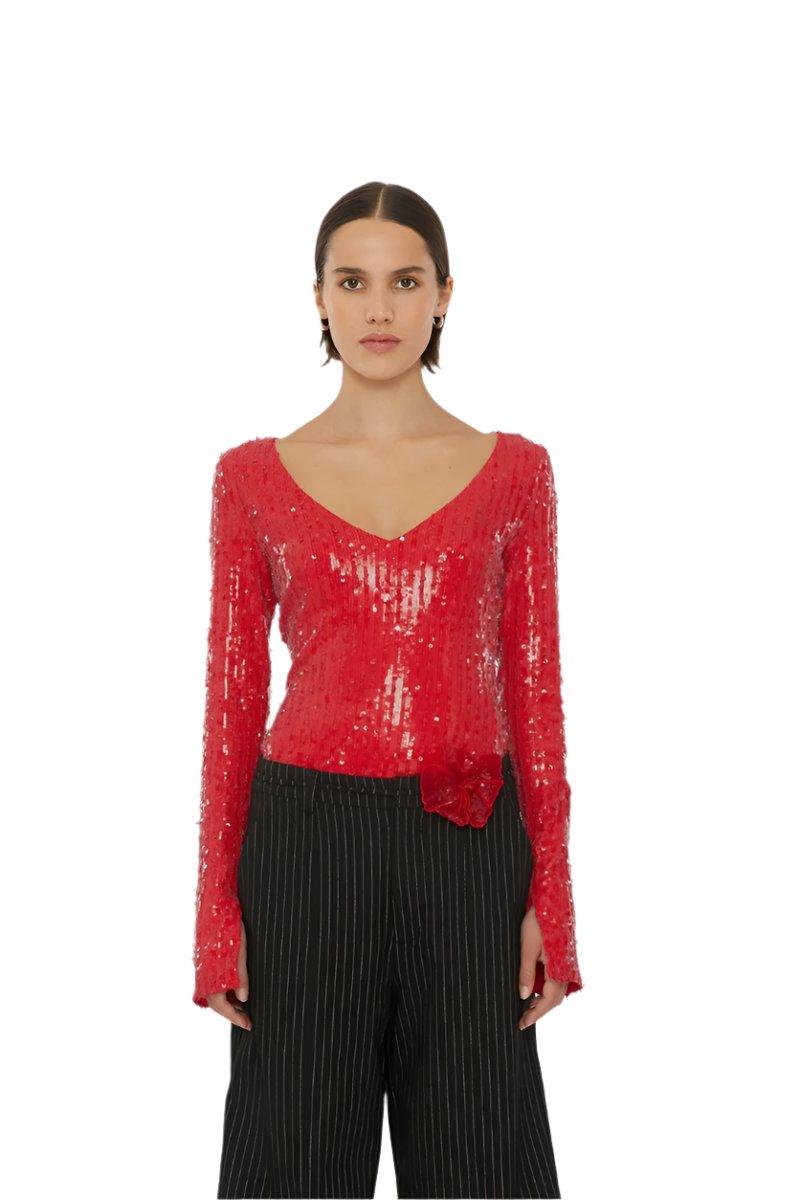 SEQUINS LS V-NECK TOP