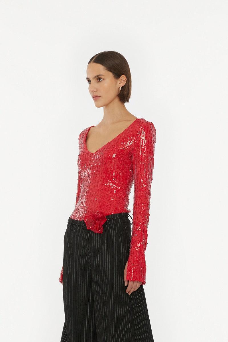 SEQUINS LS V-NECK TOP