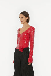 SEQUINS LS V-NECK TOP