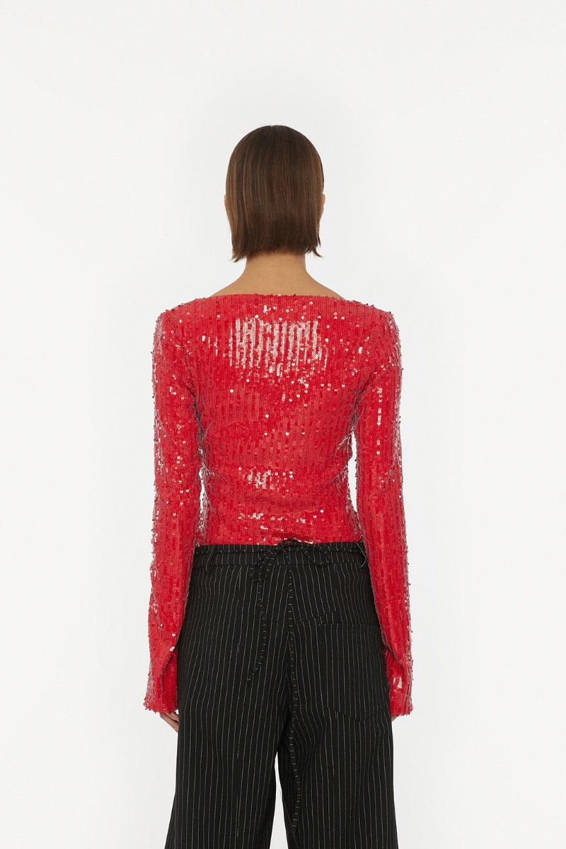 SEQUINS LS V-NECK TOP