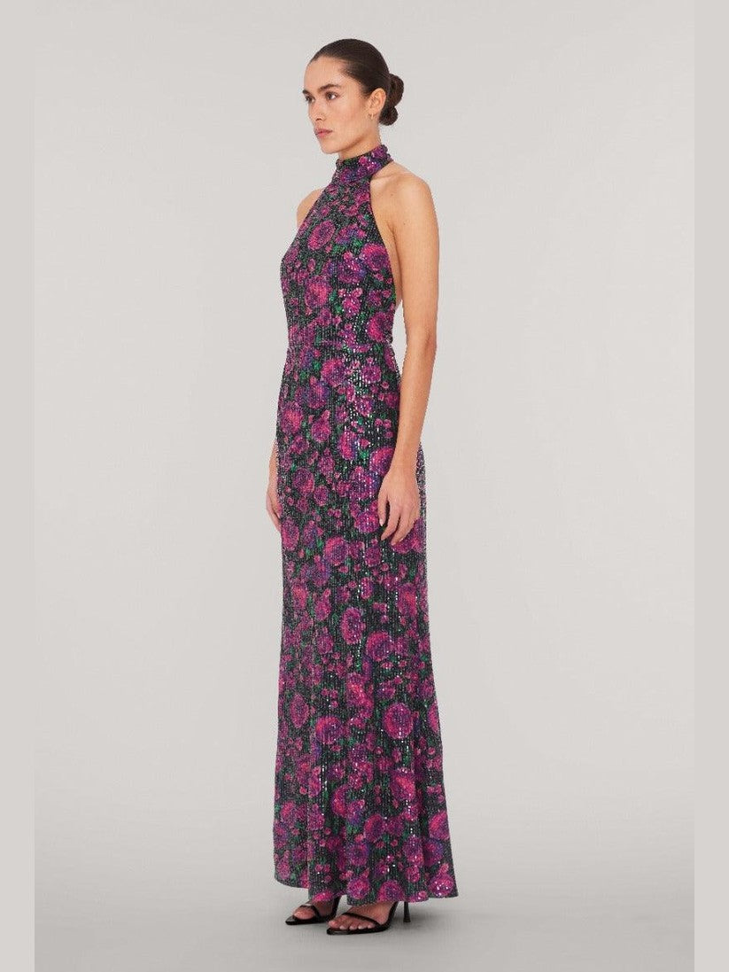 Sequins halterneck dress pink print