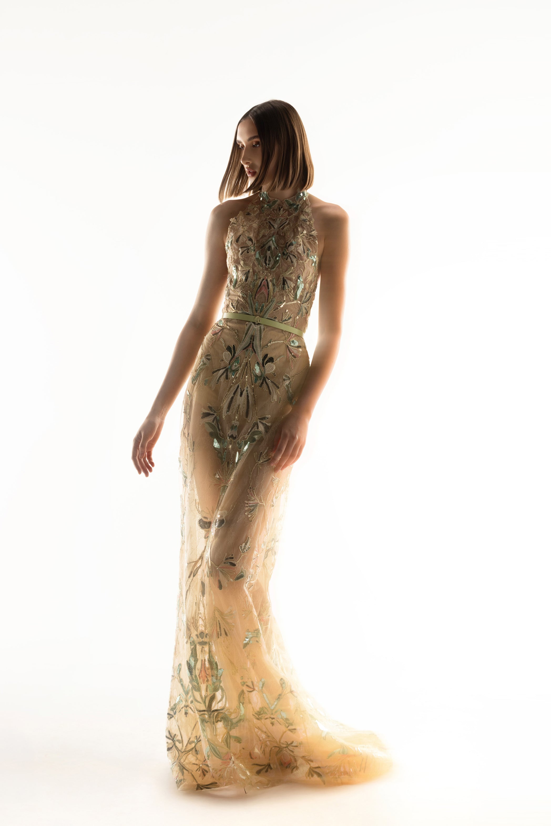 Embroidered Halter-Neck Lace Dress