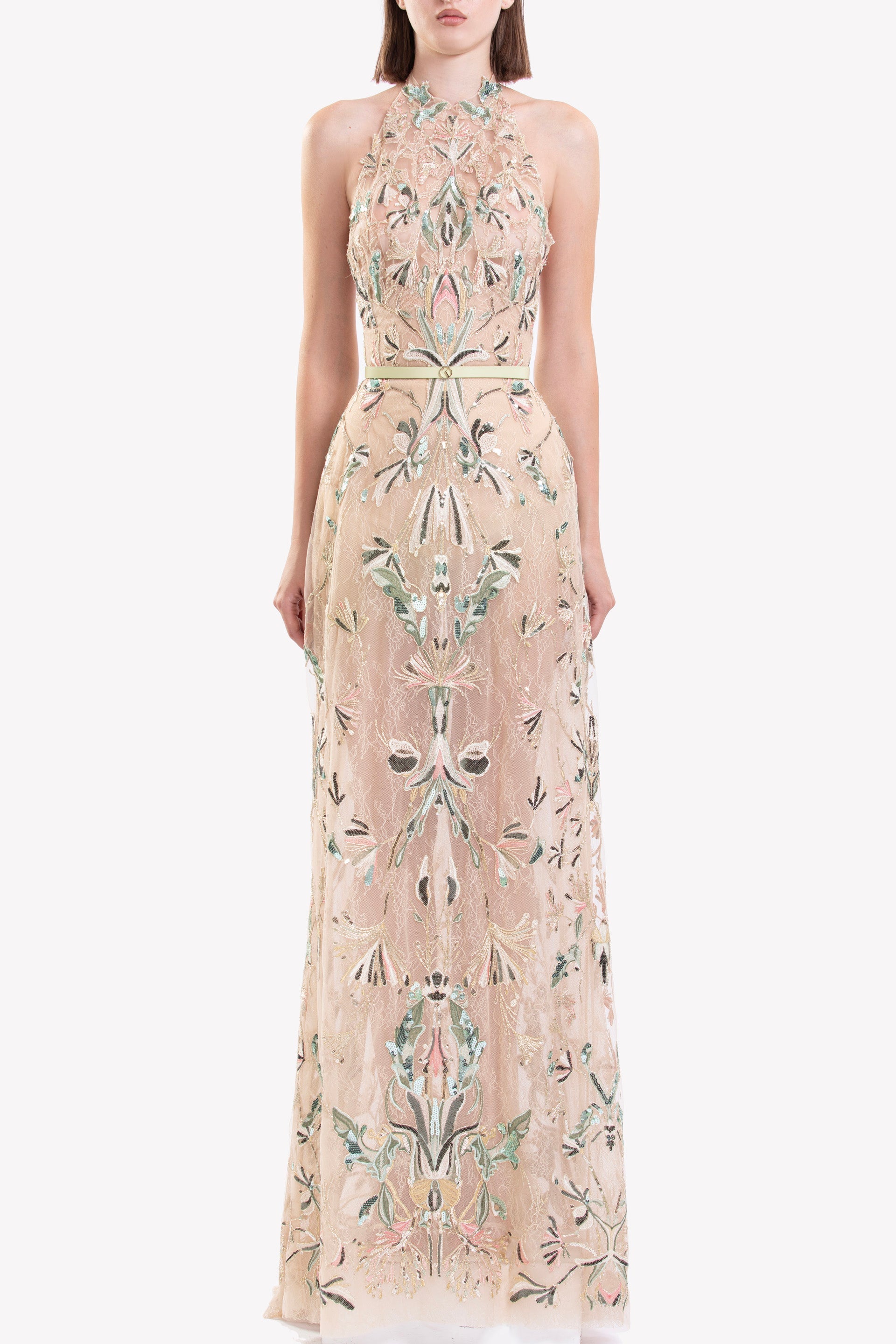 Embroidered Halter-Neck Lace Dress