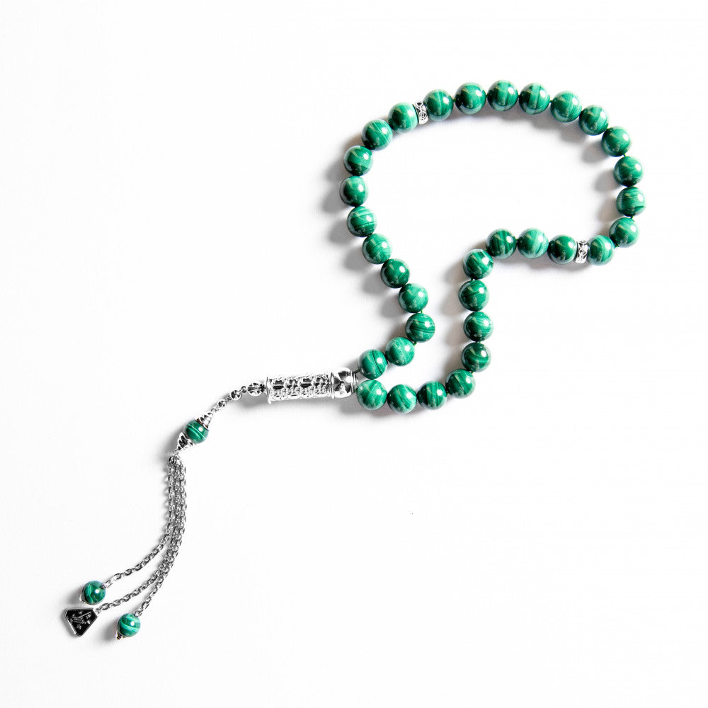 Malachite stone rosary in silver 10 mm