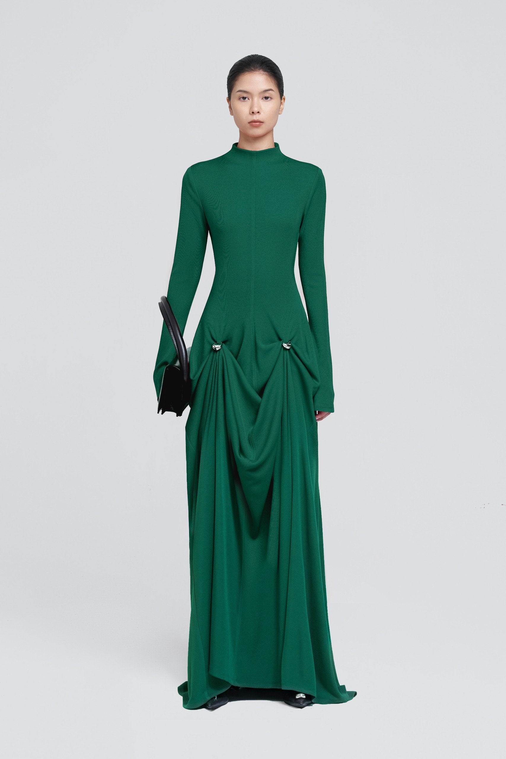 MIDI DRESS WITH ASYMMETRICALLY PLEATED SLEEK